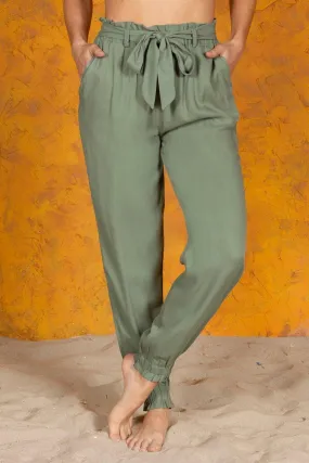 Paperbag Waist Loose Fit Pants With Self Tie And Pockets - Green